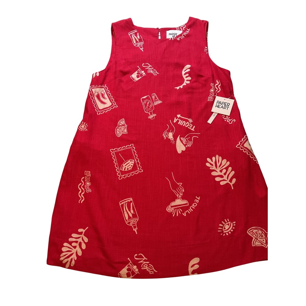 Paper Heart Red Linen Blend Fun Print Sleeveless Dress Size‎ L